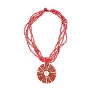 Multi-Layered Red Beaded Necklace w/ Polished Coral Pendant
